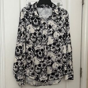 Skull and Flower B&W Button Down Top
